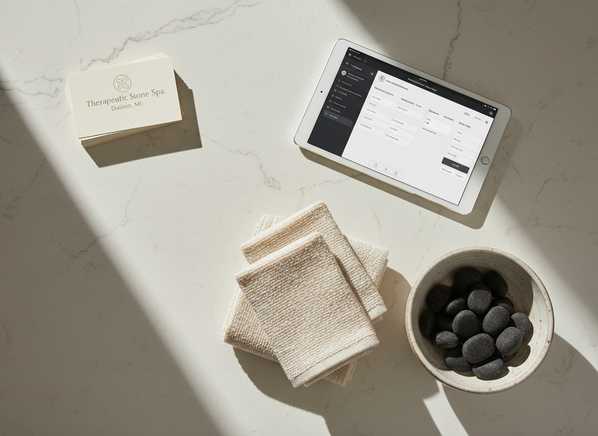 A detailed, overhead photographic shot of a carefully organized wellness display on a light stone countertop: labeled appointment cards for "Therapeutic Stone Spa, Davison, MI," a sleek digital tablet showing a spa booking screen, a stack of folded ivory washcloths, and a ceramic dish filled with small, smooth basalt stones. A thin line of sunlight from a nearby window stretches across the scene, creating gentle contrast and soft shadows along the countertop’s subtle marbling. The composition uses clean negative space and rule-of-thirds placement to feel modern and professional. Muted earthy tones and tactile textures convey organization, trust, and a polished brand experience for a massage and wellness business.