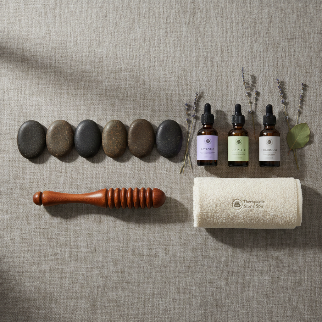 A meticulously arranged, photographic flat lay of massage and wellness tools on a textured, warm gray linen backdrop: a row of uniformly sized basalt stones, a polished wooden massage roller, amber glass dropper bottles labeled with essential oil names, and a neatly folded Therapeutic Stone Spa-branded towel embroidered with a subtle logo. A few dried lavender sprigs and a single eucalyptus leaf add natural accents without cluttering the scene. Soft, diffused window light from the left creates gentle shadows and a calm, even tone across the arrangement. The composition follows a clean grid-like structure, evoking order, professionalism, and attention to detail, ideal for illustrating the spa’s therapeutic services and premium quality.