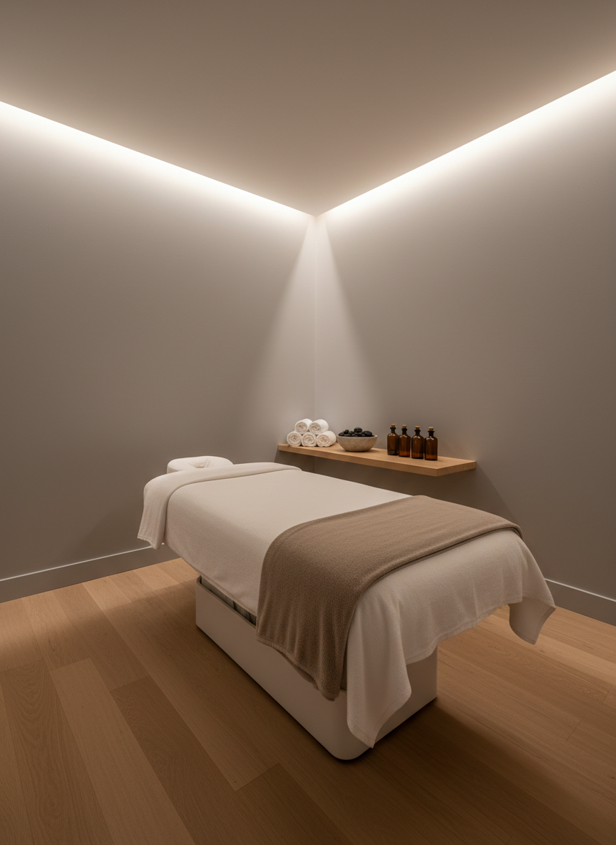 A minimalist, professionally staged massage treatment room featuring a single massage table draped in crisp white linens, with a neatly folded taupe blanket at the foot. On a small wooden side shelf, rolled towels, a ceramic bowl of smooth river stones, and amber glass bottles of massage oil are carefully arranged. Warm, diffused ambient lighting from a hidden wall fixture casts gentle shadows and a golden glow across soft gray walls. The photo is taken from a slightly elevated corner angle, showcasing the entire space with sharp focus and balanced composition. The atmosphere is calm, orderly, and luxurious, conveying a high-end therapeutic spa in Davison, MI with photographic realism and a clean, contemporary aesthetic.