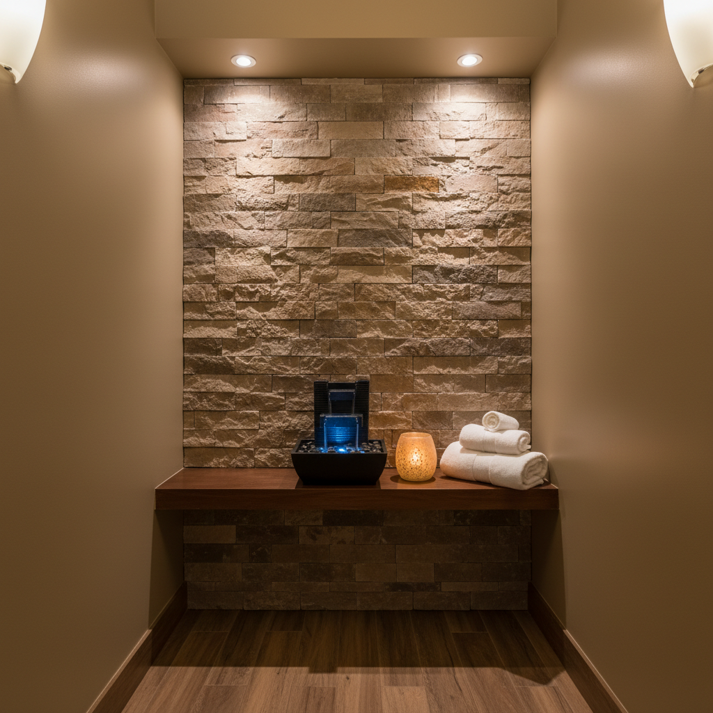 A cozy, photographic corner vignette within a spa in Davison, MI, featuring a compact stone accent wall with a recessed wooden shelf. On the shelf sit a small tabletop water fountain flowing over dark pebbles, a frosted glass candle holder emitting a soft amber glow, and a neatly stacked trio of folded white hand towels. The surrounding walls are painted in a warm, muted taupe, and the floor is a medium-toned wood. Soft overhead and indirect accent lighting create layered illumination and gentle shadows that highlight the stone texture. Shot at eye level with a slightly tight framing, the composition feels intimate and welcoming, reinforcing a sense of local, professional wellness retreat ambience.