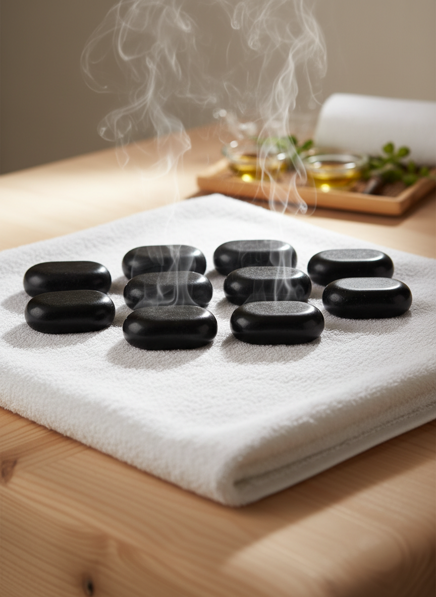 A neatly arranged set of smooth black basalt hot stones resting on a folded, cloud-white spa towel atop a light maple massage table. Wisps of gentle steam rise from the stones, their polished surfaces catching soft, warm studio lighting that creates subtle reflections and delicate shadows. In the softly blurred background, glass bowls of essential oils and a small bamboo tray add natural texture. Shot at eye level with a shallow depth of field, the composition centers the stones and table, evoking a serene, professional spa environment. The photographic realism highlights clean lines, calm neutral tones, and a peaceful, inviting atmosphere suitable for a therapeutic stone spa homepage.