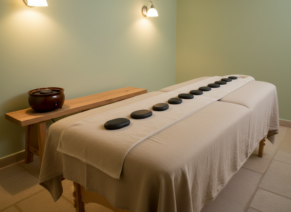 A tranquil, photographic scene of a hot stone setup prepared for a deep tissue massage: a long, cushioned massage table covered with a soft sand-colored sheet, with evenly spaced warm stones placed along a folded central towel. Alongside the table, a simple wooden bench holds a small ceramic warmer filled with additional stones, its subtle red indicator light glowing. Ambient wall sconces cast warm, indirect lighting, creating a gentle gradient of light and shadow on a pale sage wall. Captured at a low side angle to emphasize the length of the table, the image has moderate depth of field with sharp focus on the stones. The overall mood is deeply calming and professional, ideal for showcasing specialized hot stone therapy services.