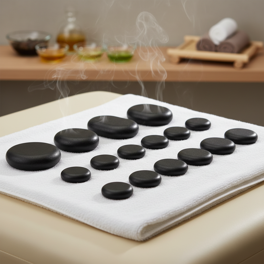 A neatly arranged set of smooth black basalt hot stones resting on a folded, cloud-white spa towel atop a light maple massage table. Wisps of gentle steam rise from the stones, their polished surfaces catching soft, warm studio lighting that creates subtle reflections and delicate shadows. In the softly blurred background, glass bowls of essential oils and a small bamboo tray add natural texture. Shot at eye level with a shallow depth of field, the composition centers the stones and table, evoking a serene, professional spa environment. The photographic realism highlights clean lines, calm neutral tones, and a peaceful, inviting atmosphere suitable for a therapeutic stone spa homepage.