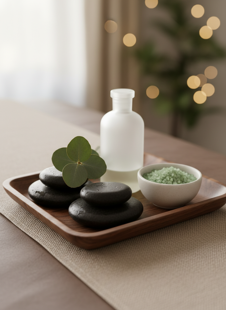 A close-up photographic view of an elegant arrangement of spa essentials on a dark walnut tray: heated basalt stones with a soft sheen, a frosted glass bottle of massage oil, a sprig of fresh eucalyptus, and a small white ceramic bowl of herbal salts. The tray rests on a textured beige linen runner over a massage table. Soft, diffused afternoon light filters in from an unseen window, creating gentle highlights on the glass and stones and a tranquil bokeh in the background. Shot from a slightly elevated angle with shallow depth of field, the composition feels intimate and refined. The mood is soothing and professional, emphasizing natural wellness and therapeutic care for a massage spa website.