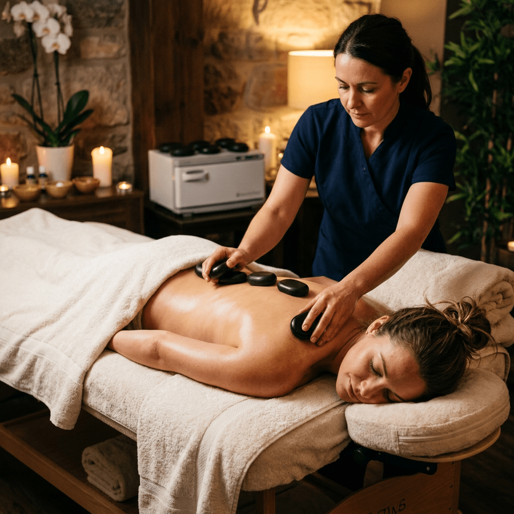 Woman receiving a hot stone massage lying face down on a massage table