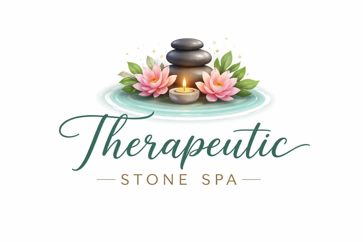 A logo for a spa, featuring a candle, flowers, and stones.